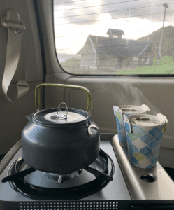 Morning coffee in camper van